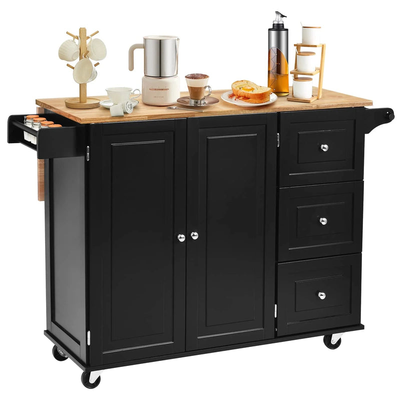 Giantex Kitchen Island Cart, Large Trolley Cart w/Drop-Leaf Tabletop, Large Cabinet, 3 Drawers, Spice Rack, Towel Rack
