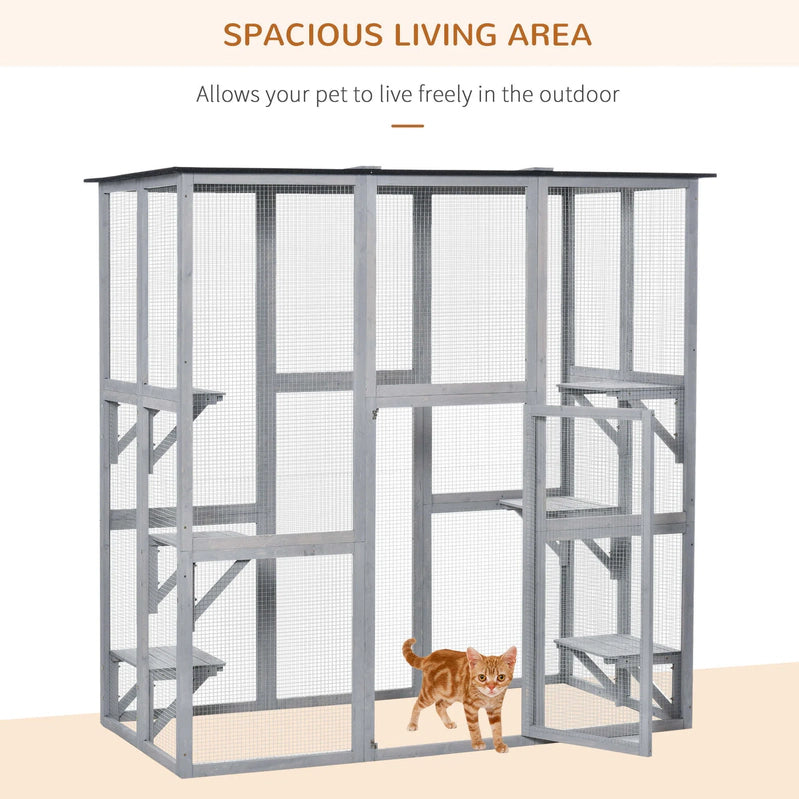 PawHut Wooden Catio Enclosure With Weather Protection, 6 Platforms, Outdoor, Large, 71 In. x 38.5 In. x 71 In