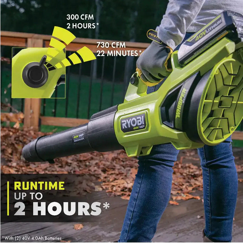 Ryobi 40V HP Brushless Whisper Series 190 MPH 730 CFM Cordless Battery Jet Fan Leaf Blower With 2 4.0 Ah Batteries And Charger