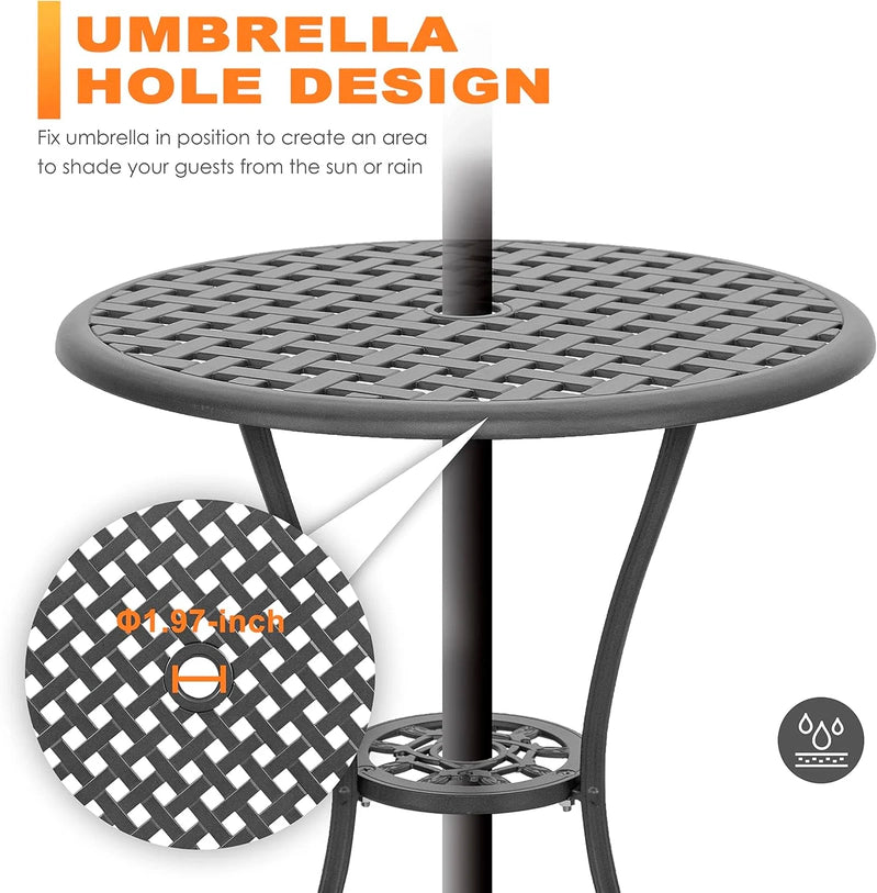 Nuu Garden Bistro Set 3 Piece Outdoor Cast Aluminum Patio Bistro Set Patio Table And Chairs Set Of 2 With Umbrella Hole And Gray Cushions, Black
