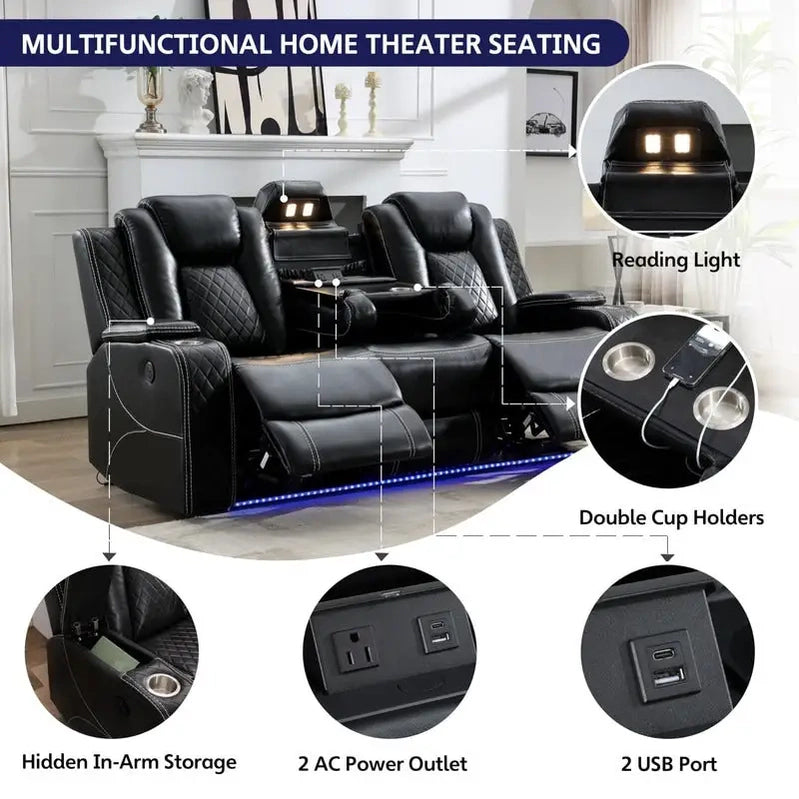 Power Reclining Sofa With Wireless Charger, Reading Light For Living Room, Faux Leather LED Light, AC/USB Port, Cup Holder, Black