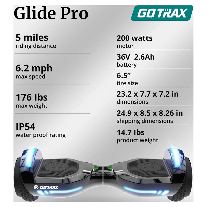 Gotrax Glide Pro Bluetooth Hoverboard, 6.5 In. Wheels And 7 Colors Lights Self Balancing Scooters For 44-176lbs Kids Adults Silver