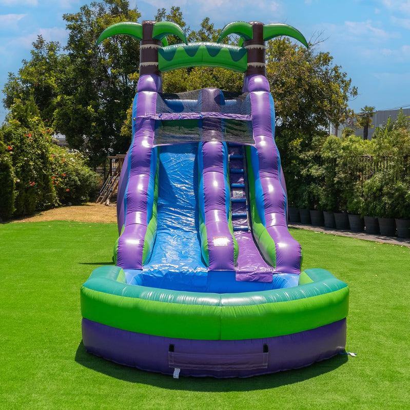 16' Purple Tropical Lightweight Premium Commercial Grade Water Slide Inflatable With Attached Pool For Kids And Adults, With Blower, Wet Dry Use