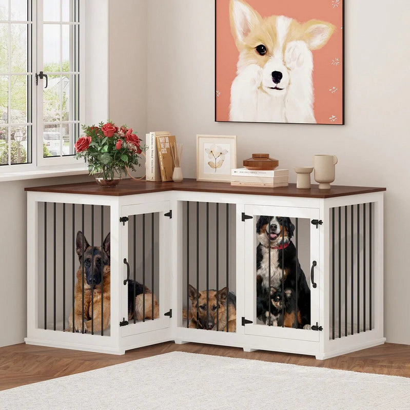 Large Corner Dog Crate Furniture For 2 Dogs, L Shape Dog Crate Cage, 58.7X41.1