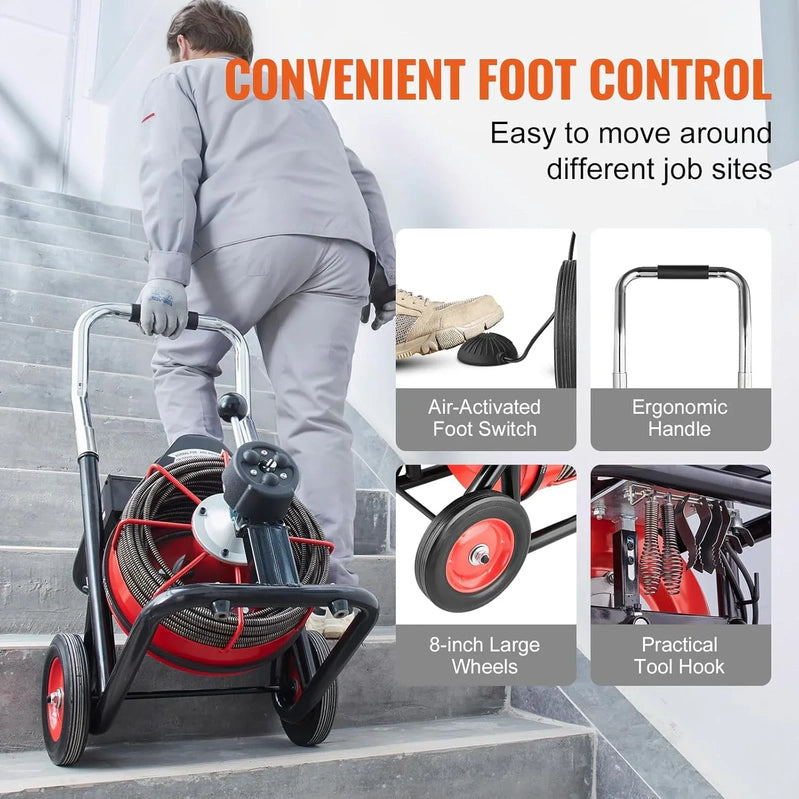 Drain Cleaner Machine 100 Ft. x 1/2 In, Auto Feed Sewer Snake Auger On Wheels