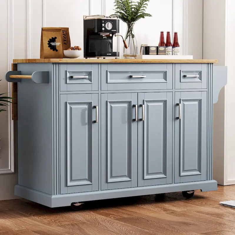 54 Large Kitchen Island With Rubber Wood Drop Leaf, Embossed Texture Rolling Kitchen Cart On 4 Wheels With 4 Doors And 3 Drawers