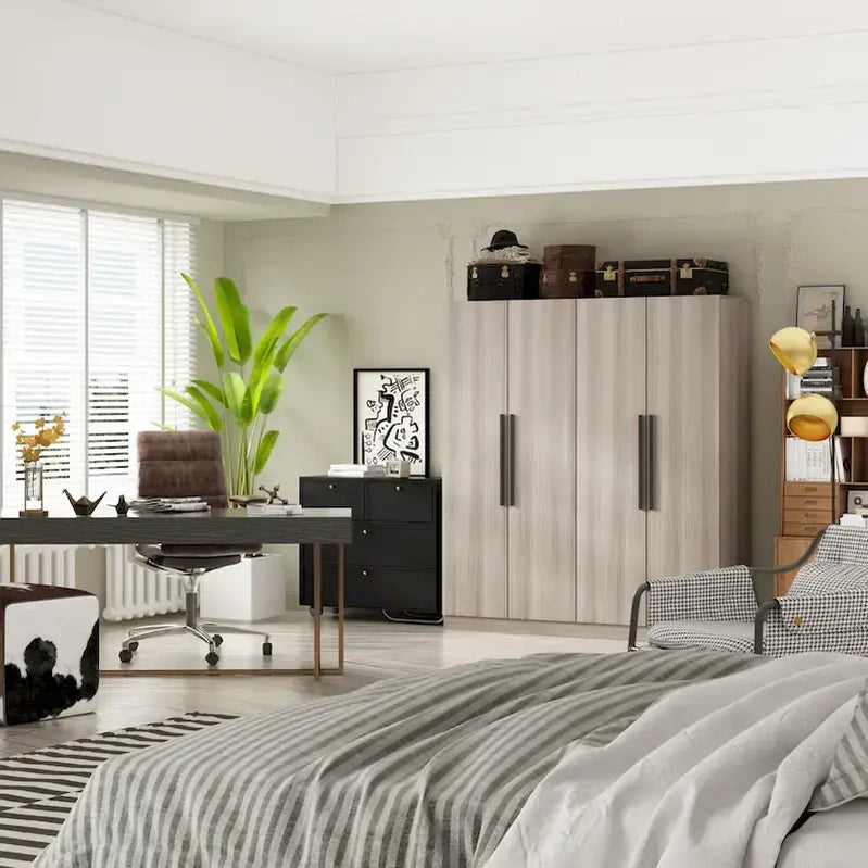 Modern Freestanding Solid Wood Wardrobe Closet With Storage Shelves