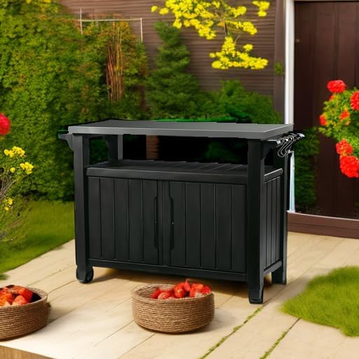 Keter Outdoor Rolling Table Cart For Food Prep, Storage, Bar And Grill, Dark Brown
