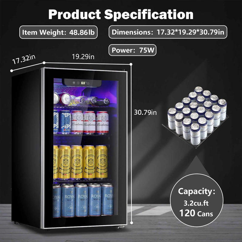 Auseo 126 Can Beverage Refrigerator And Cooler With Glass Door For Home/Office/Bar-Black