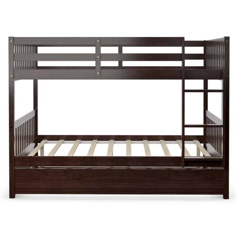 Solid Wood Full Over Full Bunk Bed Frame With Trundle, Safety Ladder And Guardrails, Convertible Bunk Bed For Kids Teens