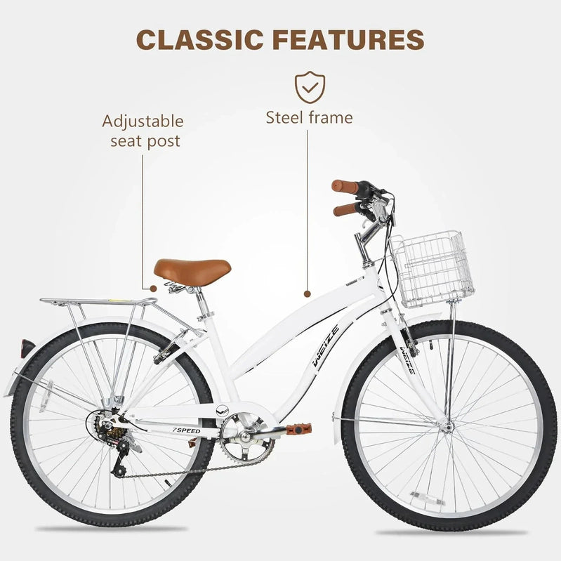 Weize Beach Cruiser Bike 26 In. Commuter Bicycle For Adult Men And Women 7-Speed/High-Carbon