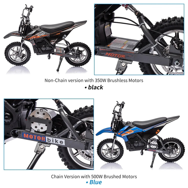 Electric Dirt Bike For Kids, 36V Ride On Motorcycle, Up To 15.5MPH, 350W Brushless Motor, LED Headlight, Leather Seat, Front And Back Brakes