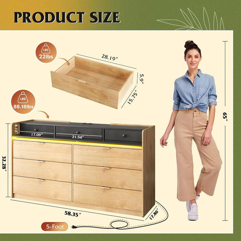 9 Drawer LED Dresser For Bedroom, 58.35 In. Wide Wood Dresser Storage Organizer With Power Outlets For 65 In. TV, Dressers With Open Shelves
