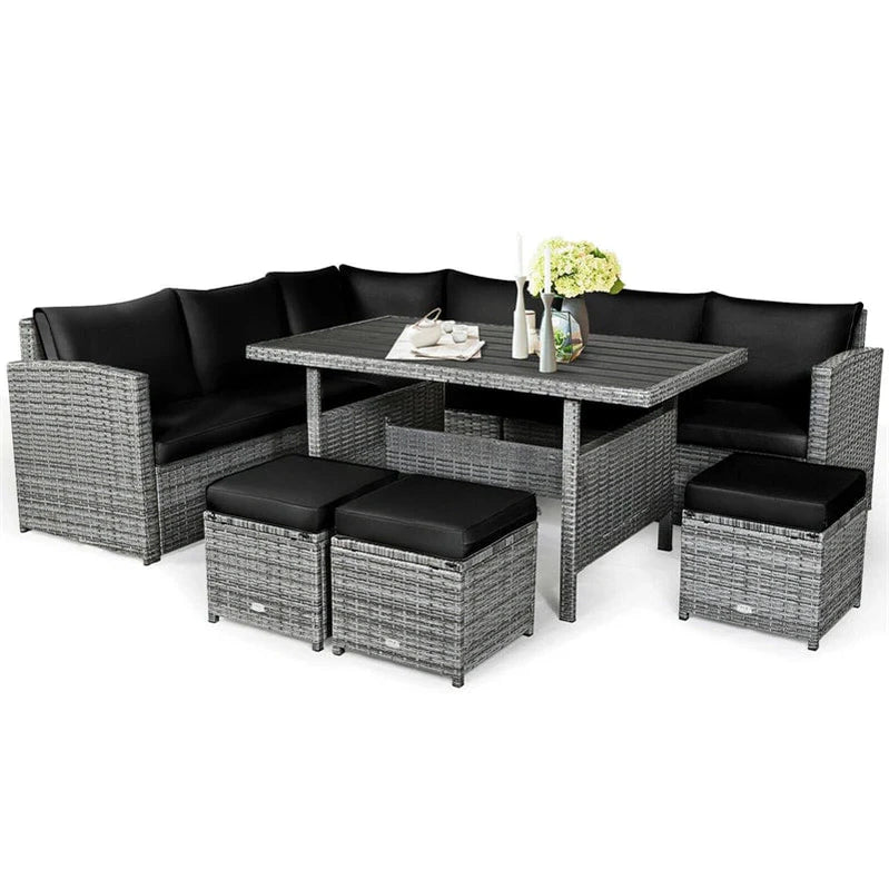 7 Pcs Rattan Patio Dining Furniture Sectional Sofa Set With Dining Table, Ottomans And Cushions