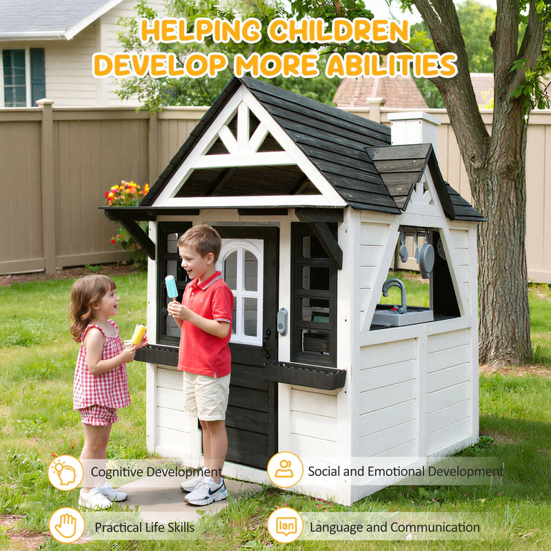 Coclub Outdoor Playhouse For Kids Ages 4-8, Wooden Play House With Doorbell, Phone, Kitchen Toys, Outdoor Kids Play Equipment, Casa Para Ni As