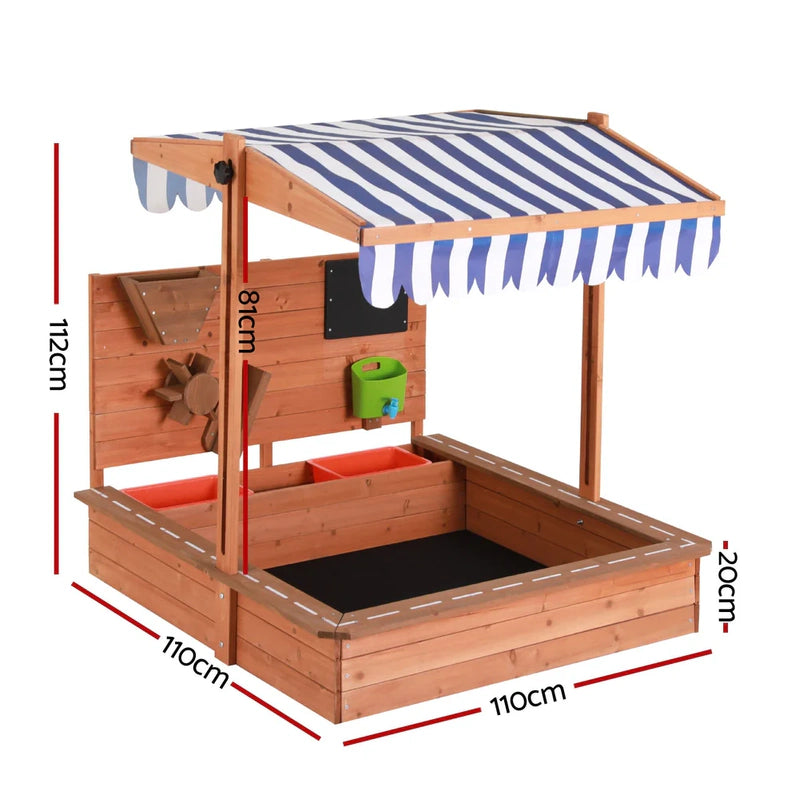 Adjustable Canopy Wooden Kids Sandpit w/Cover, Extras, Keezi