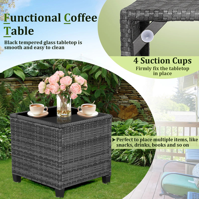 Gymax 3PCS Patio Rattan Sofa Set Outdoor Wicker Conversation Set Glass Tabletop w/Grey Cushion