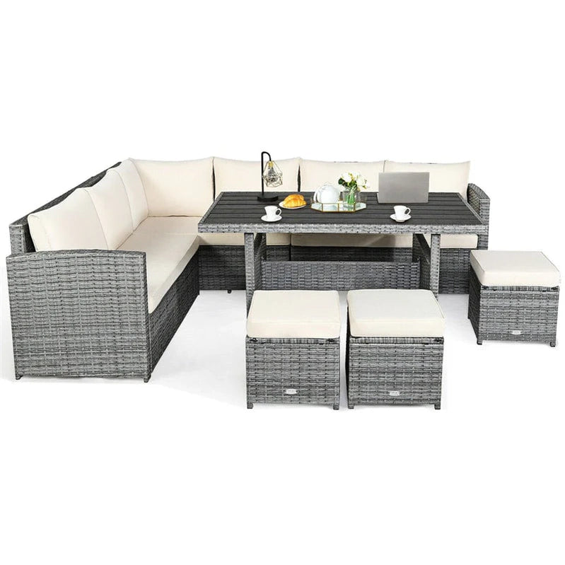 7 Pcs Rattan Patio Dining Furniture Sectional Sofa Set With Dining Table, Ottomans And Cushions