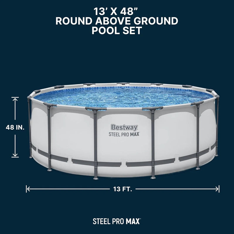 Steel Pro MAX 14 Ft. x 48 In. Round Metal Frame Above Ground Outdoor Swimming Pool Set With 1,000 Filter Pump, Ladder, And Cover, Gray