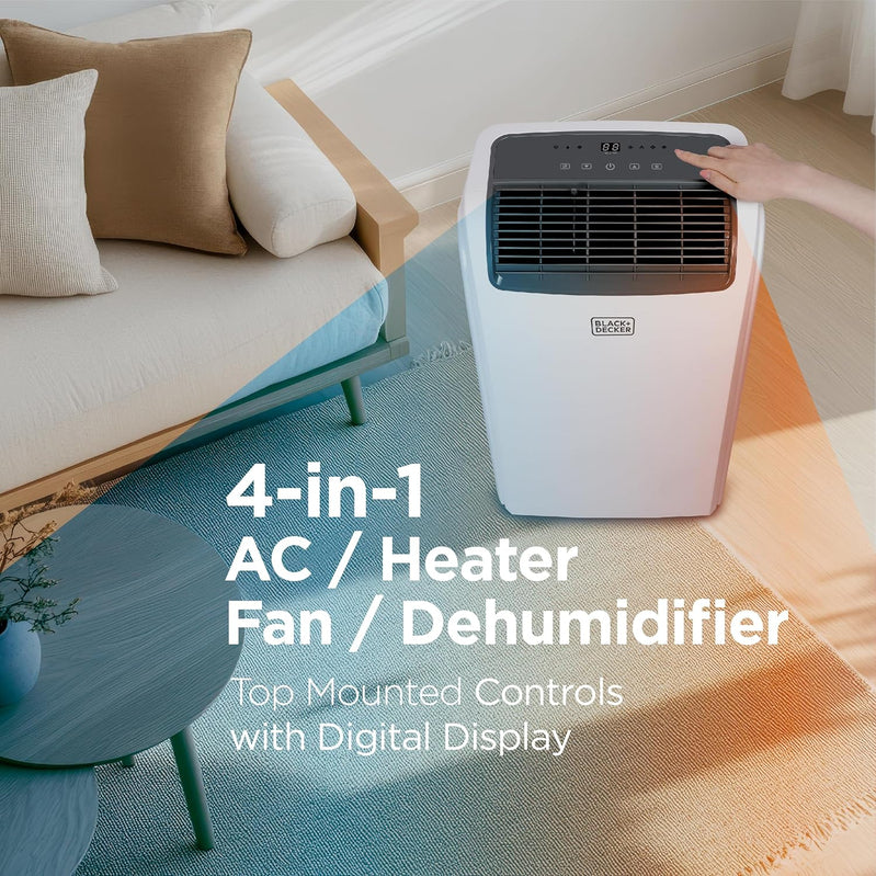 Black Plus Decker 10,000 BTU Portable Air Conditioner For Rooms Up To 450 Sq With Remote Control