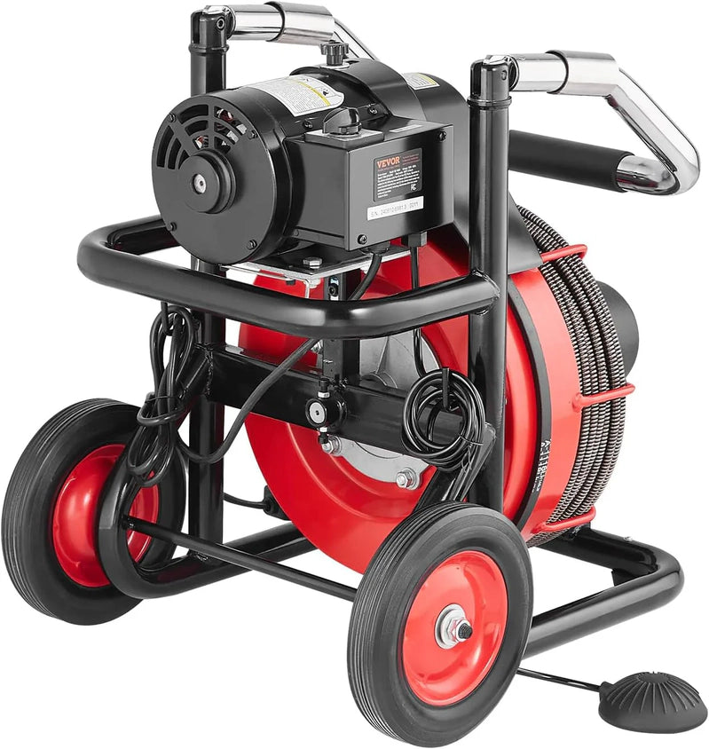 Drain Cleaner Machine 100 Ft. x 1/2 In, Auto Feed Sewer Snake Auger On Wheels