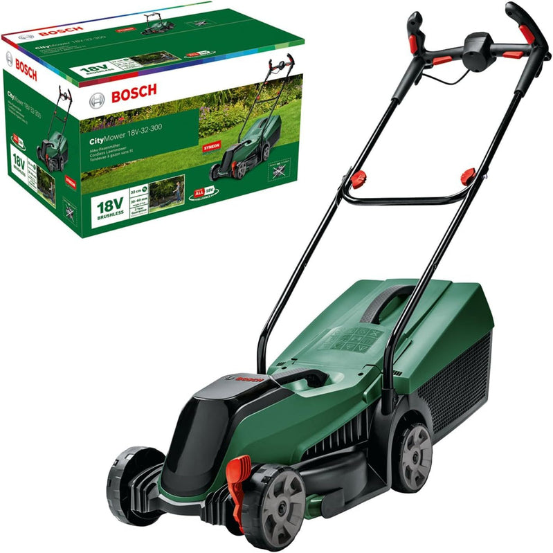 Bosch 18V Cordless Lawn Mower, Brushless, 32cm Cutting Width, Adjustable Height 20-60mm