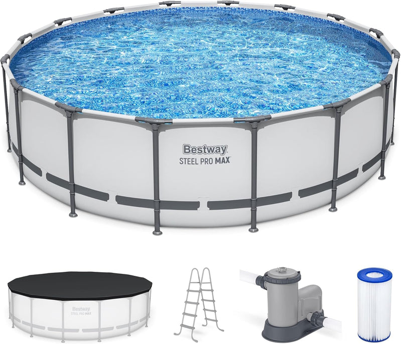 Steel Pro MAX 14 Ft. x 48 In. Round Metal Frame Above Ground Outdoor Swimming Pool Set With 1,000 Filter Pump, Ladder, And Cover, Gray