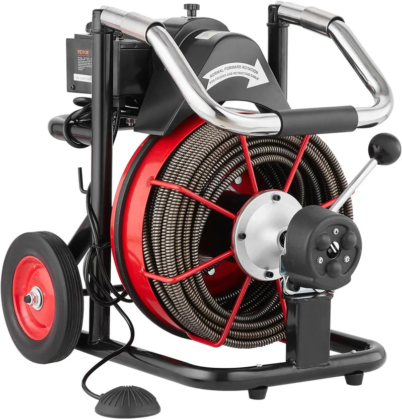 Drain Cleaner Machine 100 Ft. x 1/2 In, Auto Feed Sewer Snake Auger On Wheels