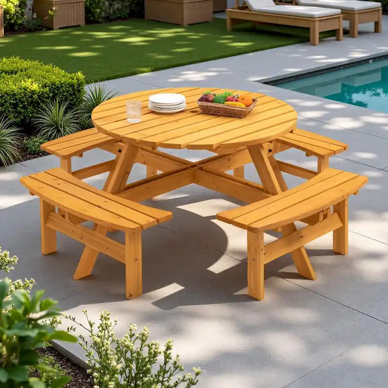 8-Person Outdoor Patio Fir Wood Round Picnic Dining Set With 4 Built-In Benches And Umbrella Hole