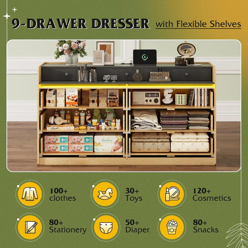 9 Drawer LED Dresser For Bedroom, 58.35 In. Wide Wood Dresser Storage Organizer With Power Outlets For 65 In. TV, Dressers With Open Shelves