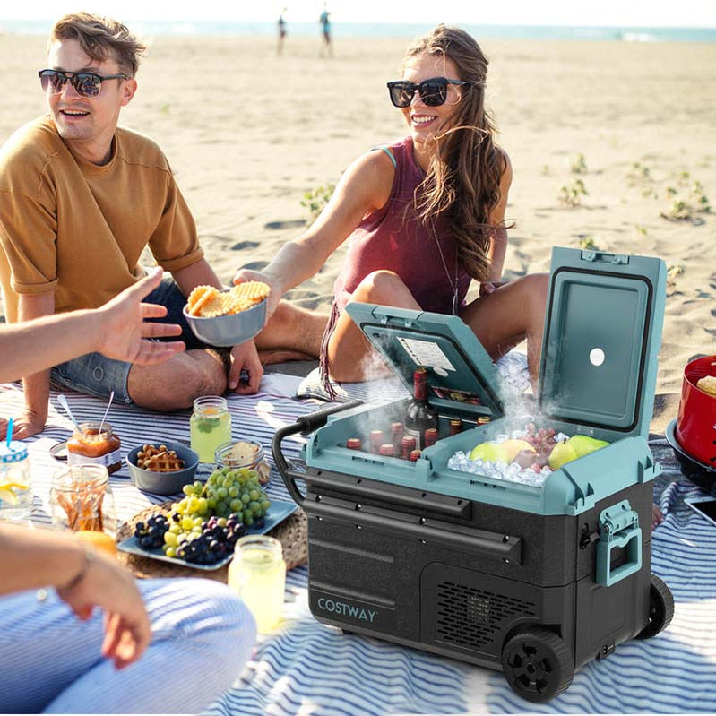 40-Quart Dual-Zone Car Refrigerator With Wheels, 12V/24V DC And 100-240V AC Portable Car Fridge Cooler Freezer