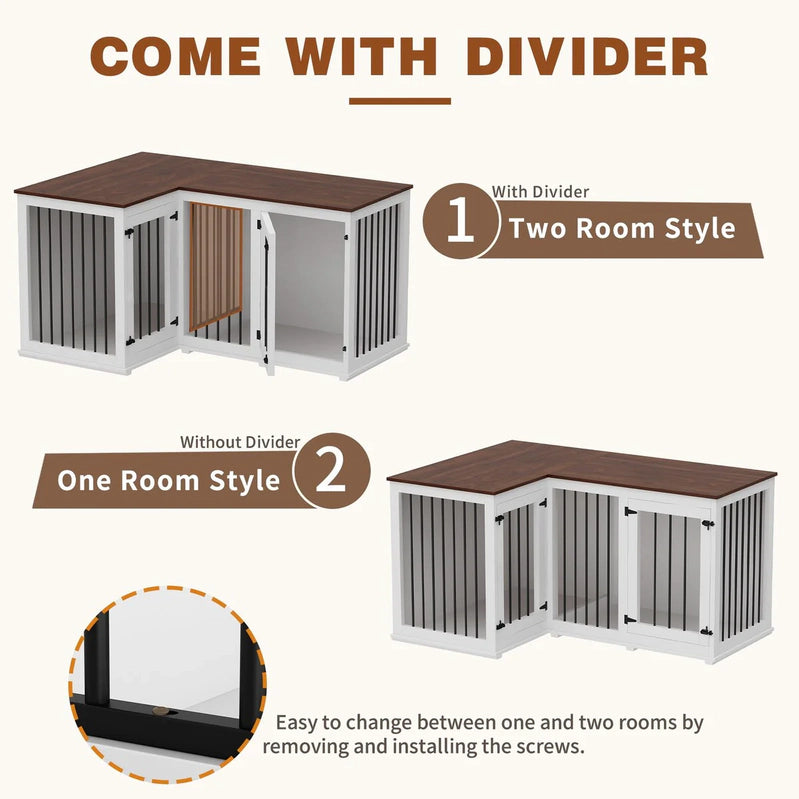 Large Corner Dog Crate Furniture For 2 Dogs, L Shape Dog Crate Cage, 58.7X41.1