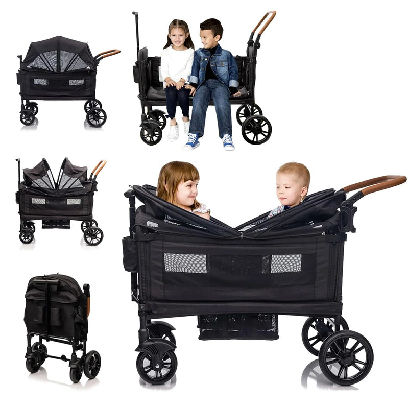 Wagon Stroller For 2 Kids And Cargo-Travel Stroller Push-Pull Double Wagon Lightweight Folding Stroller For Newborn And Toddler With 5-Point