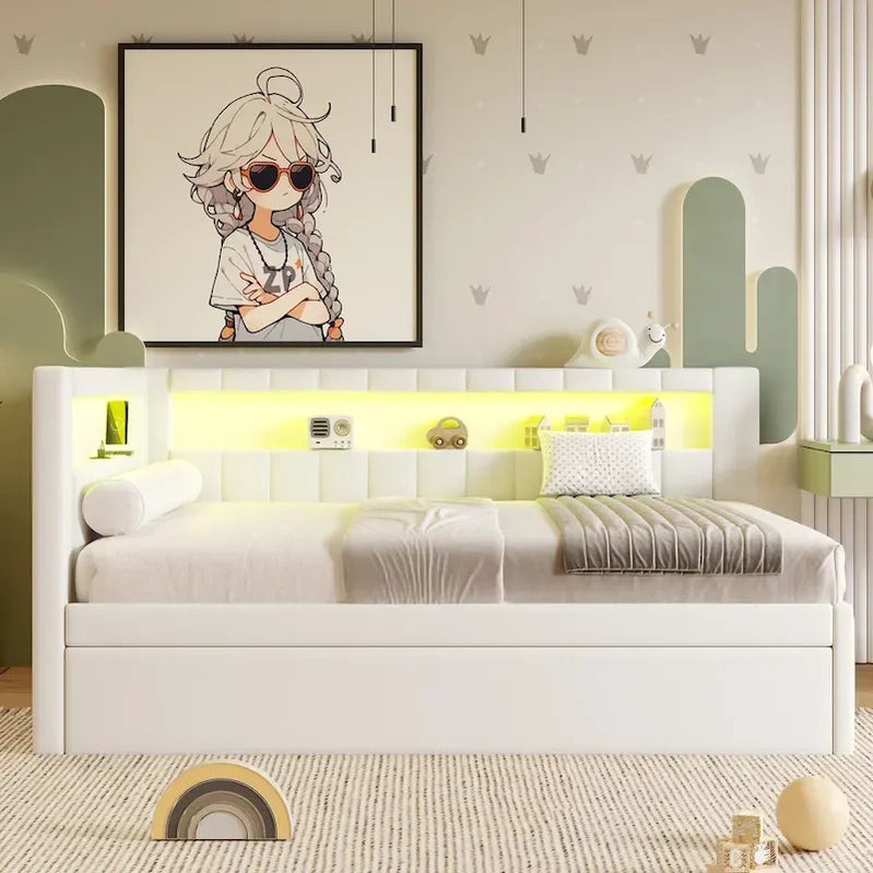 Upholstered Platform Bed With USB Ports And LED Lighting, Full/Twin Size Bed Frame With 2 Storage Drawers, Modern Bedroom