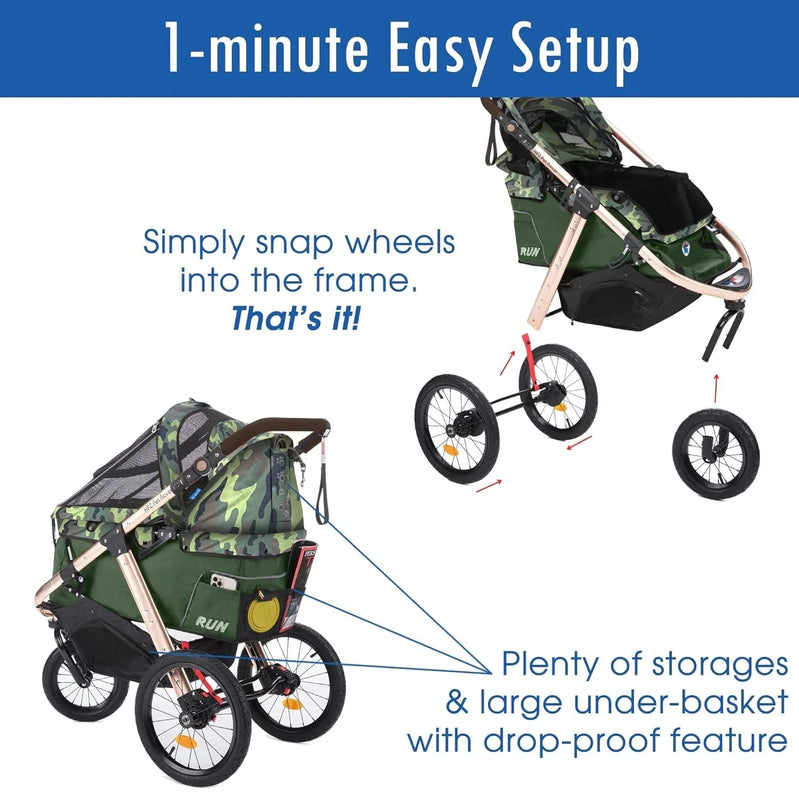 Jogging Sports Stroller With Comfort Rubber Wheels/Zipper-Less Entry/1-Hand Quick Fold/Aluminum Frame For Small/Medium Dogs, Cats And Pets, Green Camo