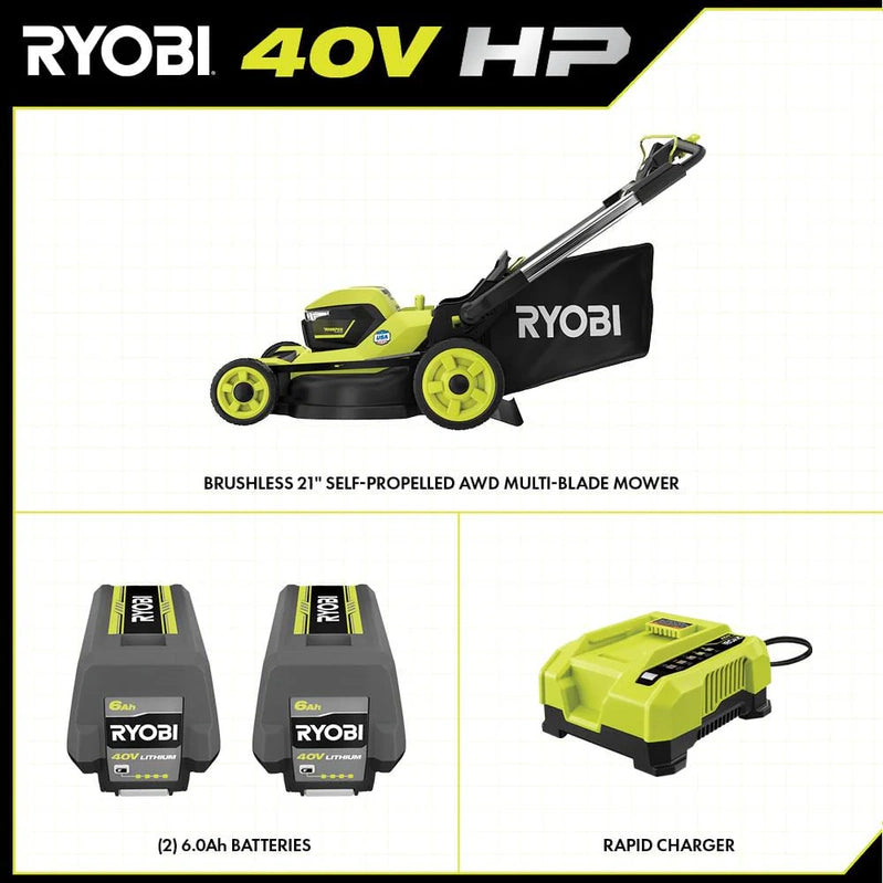 Ryobi 40V HP Brushless 21-in Self-Propelled Awd Lawn Mower, Whisper Series, Includes, 2 6.0Ah Batteries And Charger