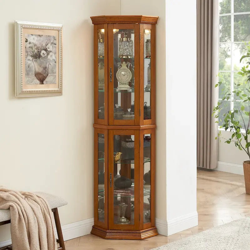 Corner Curio Cabinet With Lights, Adjustable Tempered Glass Shelves, Mirrored Back, Display Cabinet