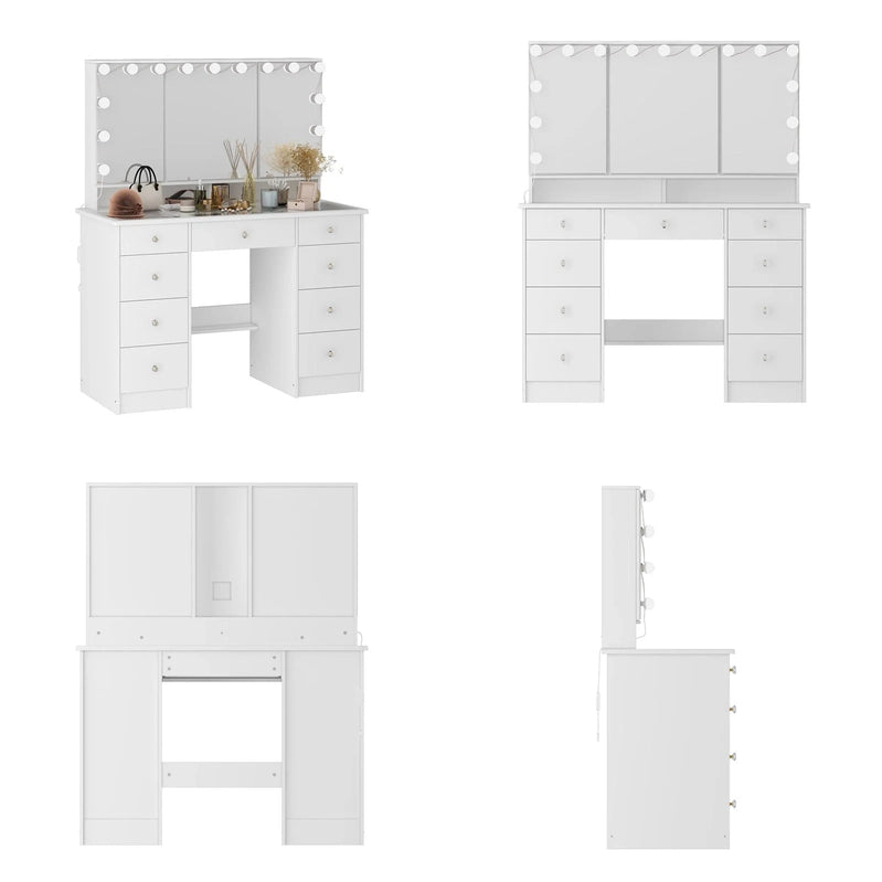 Makeup Vanity w/Tri-Fold Mirror Certified Lighting Glass Top Dresser