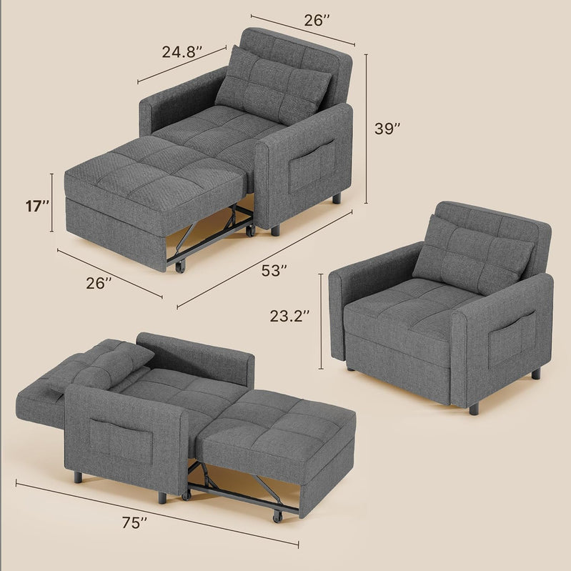 Sofa Bed Chair 3-in-1 Convertible Pullout Single Sleeper Chair Bed Spacious Multifunctional Sofa