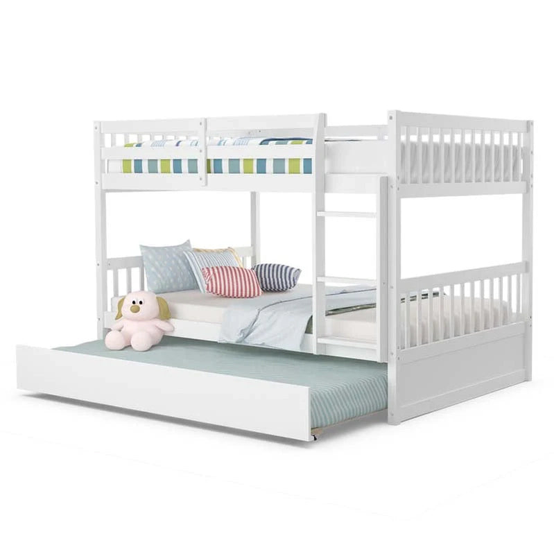 Solid Wood Full Over Full Bunk Bed Frame With Trundle, Safety Ladder And Guardrails, Convertible Bunk Bed For Kids Teens