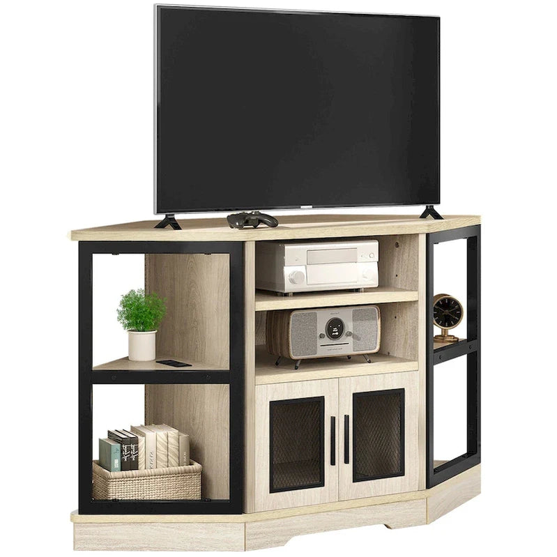 Farmhouse Corner TV Stand Entertainment Center Media Console For TVs Up To 55 With Power Outlet
