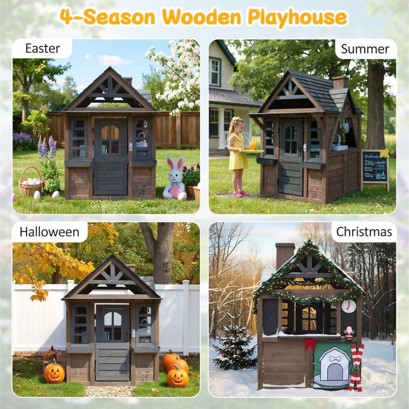 Coclub Outdoor Playhouse For Kids Ages 4-8, Wooden Play House With Doorbell, Phone, Kitchen Toys, Outdoor Kids Play Equipment, Casa Para Ni As
