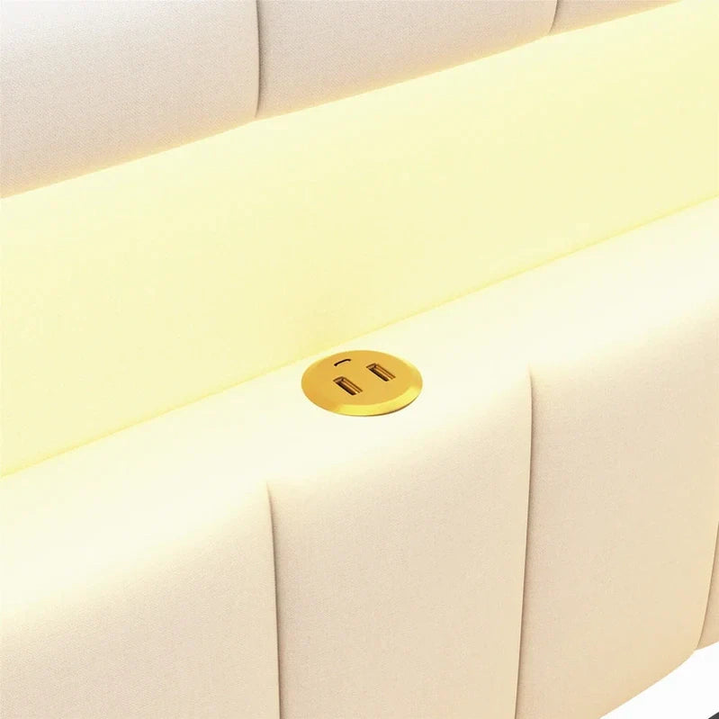 Upholstered Platform Bed With USB Ports And LED Lighting, Full/Twin Size Bed Frame With 2 Storage Drawers, Modern Bedroom