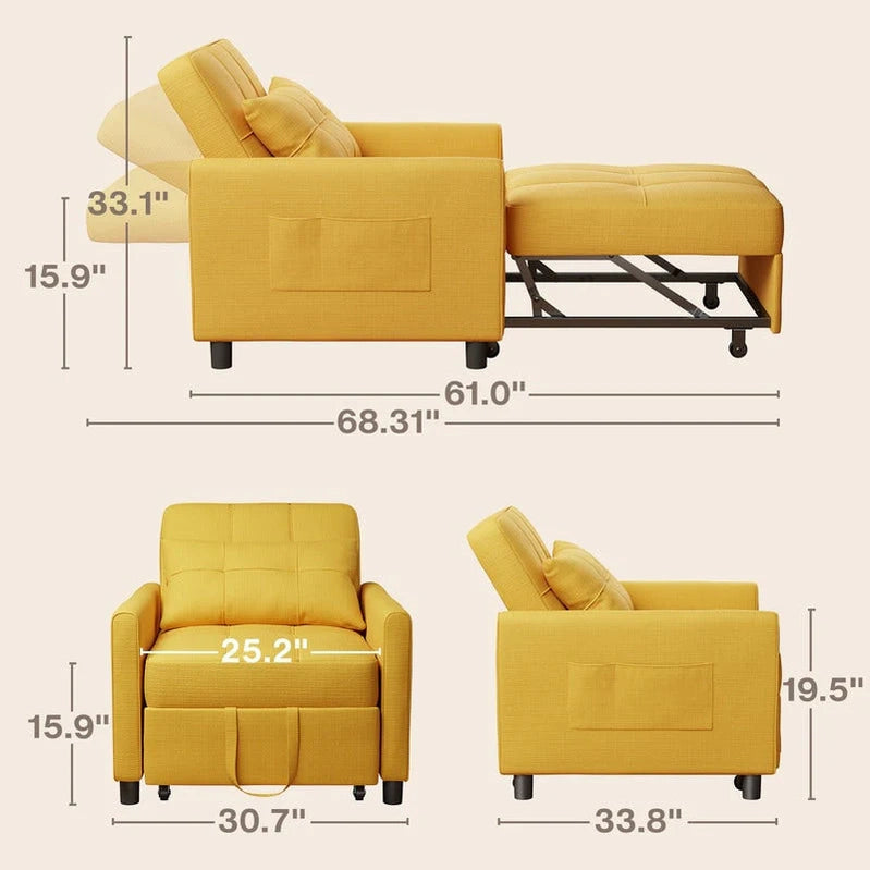 3-in-1 Adjustable Sleeper Sofa Bed, Pull Out Chair Sofa, Convertible Folding Bed For Living Room