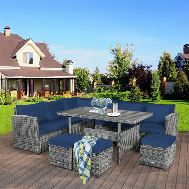 7 Pcs Rattan Patio Dining Furniture Sectional Sofa Set With Dining Table, Ottomans And Cushions