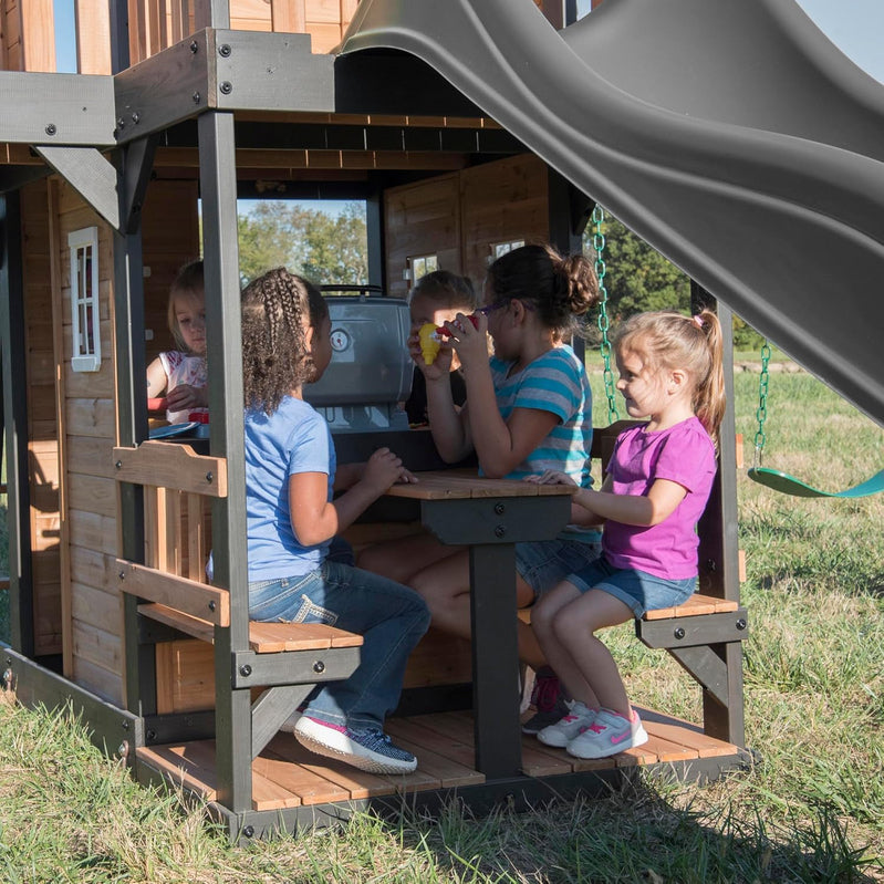 Backyard Discovery Canyon Creek Cedar Wood Swing Set With Wave Slide, Clubhouse, Play Kitchen, Picnic Area, Belt Swings, Web Swing, Rock Wall