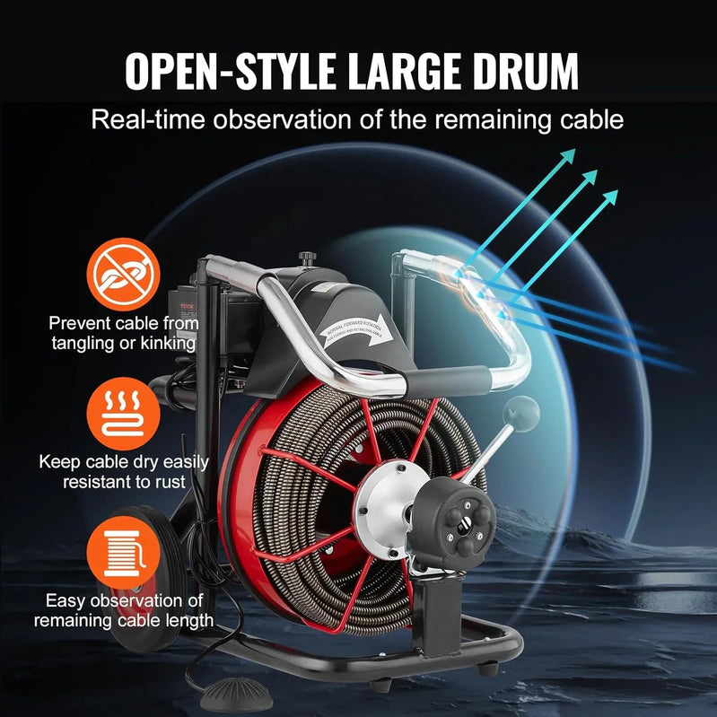 Drain Cleaner Machine 100 Ft. x 1/2 In, Auto Feed Sewer Snake Auger On Wheels