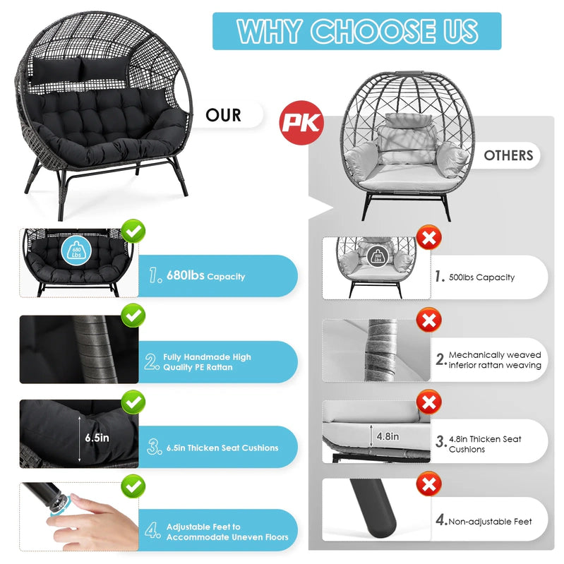 Radiata Double Egg Chair For 2 Person, Oversized Wicker Loveseat With Thick Cushions, 680 Lbs Capacity