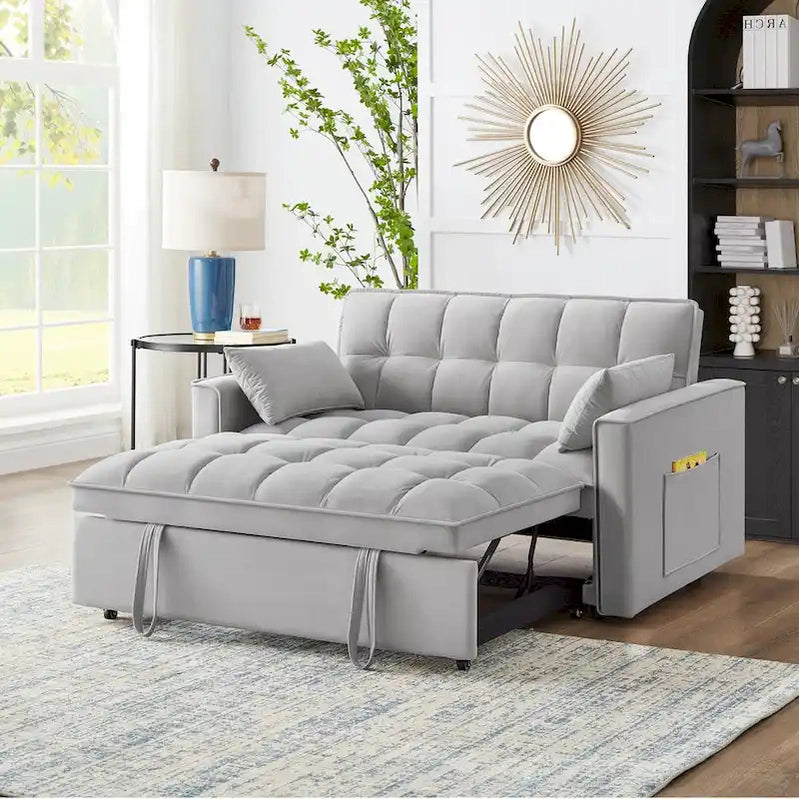 4 in1 Loveseat Sofa Bed With Armrests And Storage Pockets, Multi-Function Tufted Pull-Out Sofa Bed With Adjustable Backrest