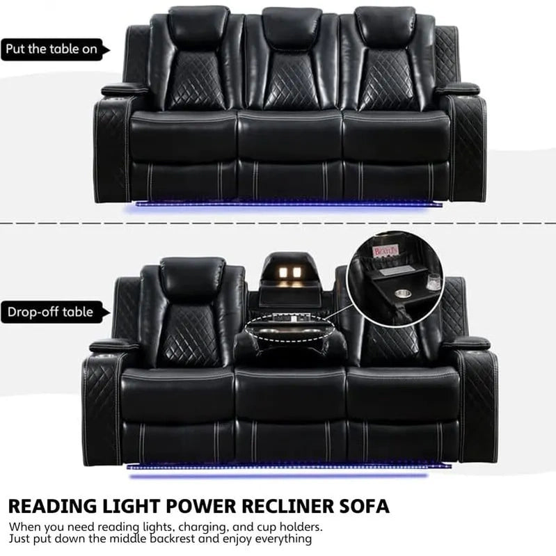 Power Reclining Sofa With Wireless Charger, Reading Light For Living Room, Faux Leather LED Light, AC/USB Port, Cup Holder, Black